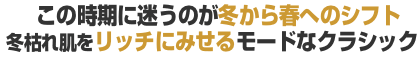この時期に迷うのが冬から春へのシフト冬枯れ肌をリッチにみせるモードなクラシック この時期に迷うのが冬から春へのシフト冬枯れ肌をリッチにみせるモードなクラシック